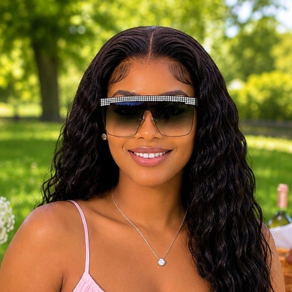 Womens Oversized Rhinestone Square Shield Sunglasses‎ Black Gradient Flat Top